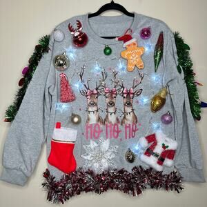 Ugly Christmas Sweater Reindeer LIGHTS UP Tinsel Xmas Party Winner Size Medium